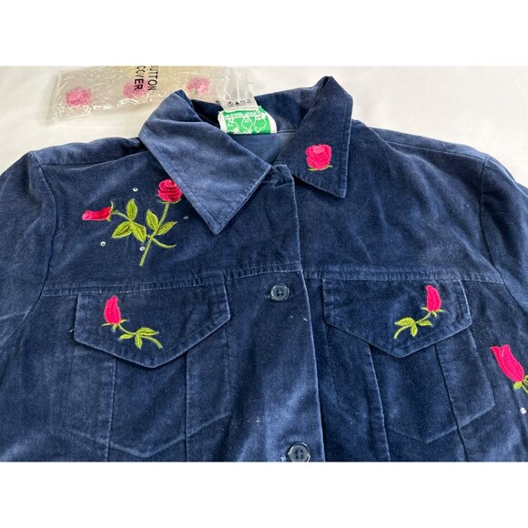 Vintage Quacker Factory Womens S Blue Velvet Jacket Rose Embroidered Sparkle QVC - Picture 4 of 11